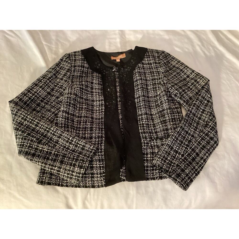 New Ellen Tracy Blazer Black White Tweed Cropped Embellished Lined Jacket Sz 8